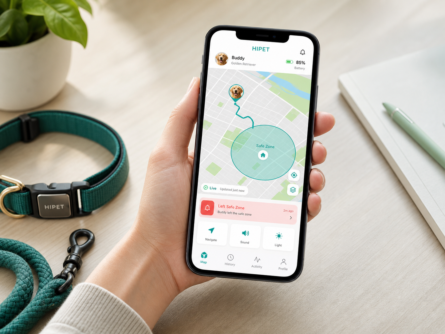 HIPET App 显示宠物位置、电子围栏和告警提醒